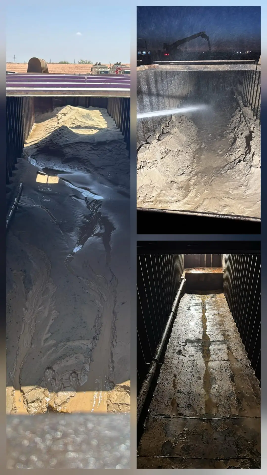 Three stages of a frac tank clean-out: the tank loaded with settled sand and grey sludge in daylight, a jet cutting the solids down under work lights at night, and the bare corrugated floor and wash lance left clean at the end