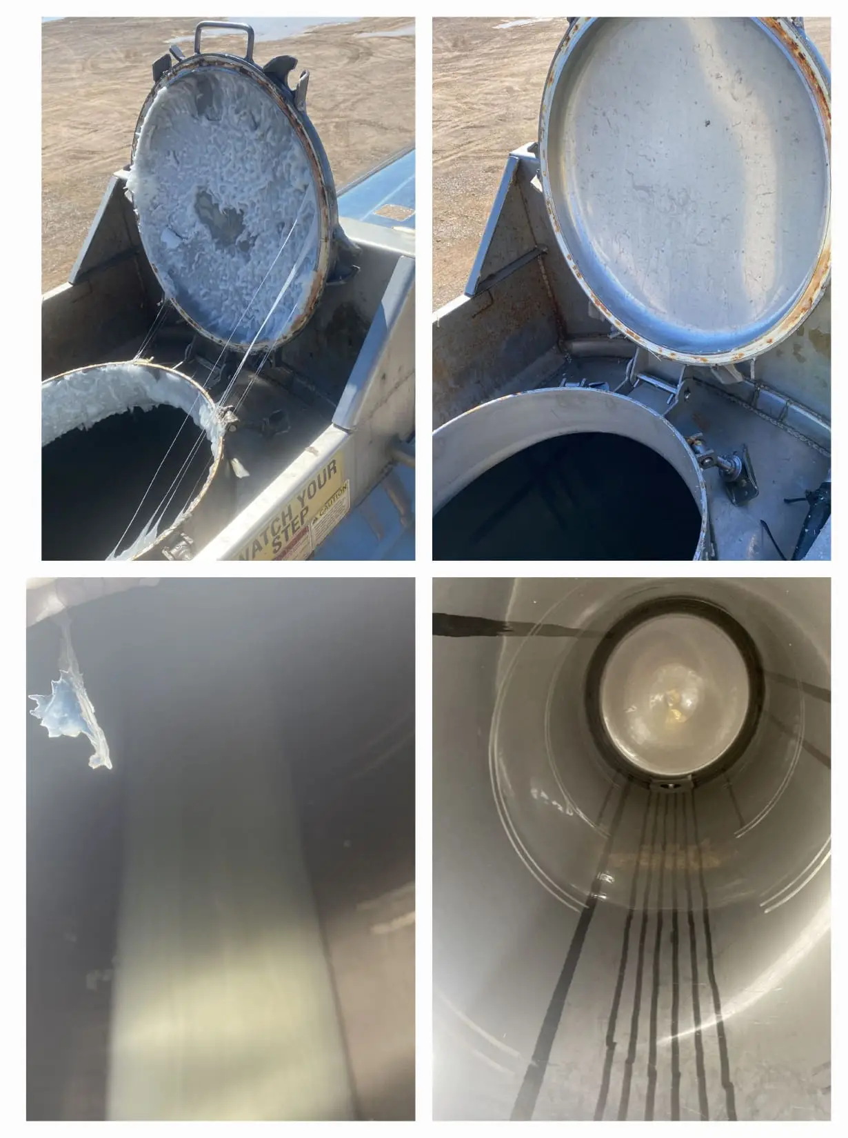 Before and after a Gentex tanker wash in four panels: the manway lid and collar caked with dried product, the same lid and collar washed back to bare metal, product still clinging to the barrel wall inside, and the interior washed down to a clean, streak-free shell